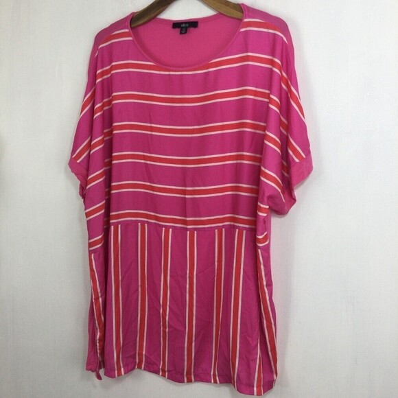 Ellos Womens Striped Short Sleeve Round Neck Tunic Blouse Top Pink Plus Size 1X - Picture 2 of 6